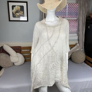 Cheyenne Oversized Sheer Linen Shift Dress/Top Women's S/M Beige Lagenlook Boho